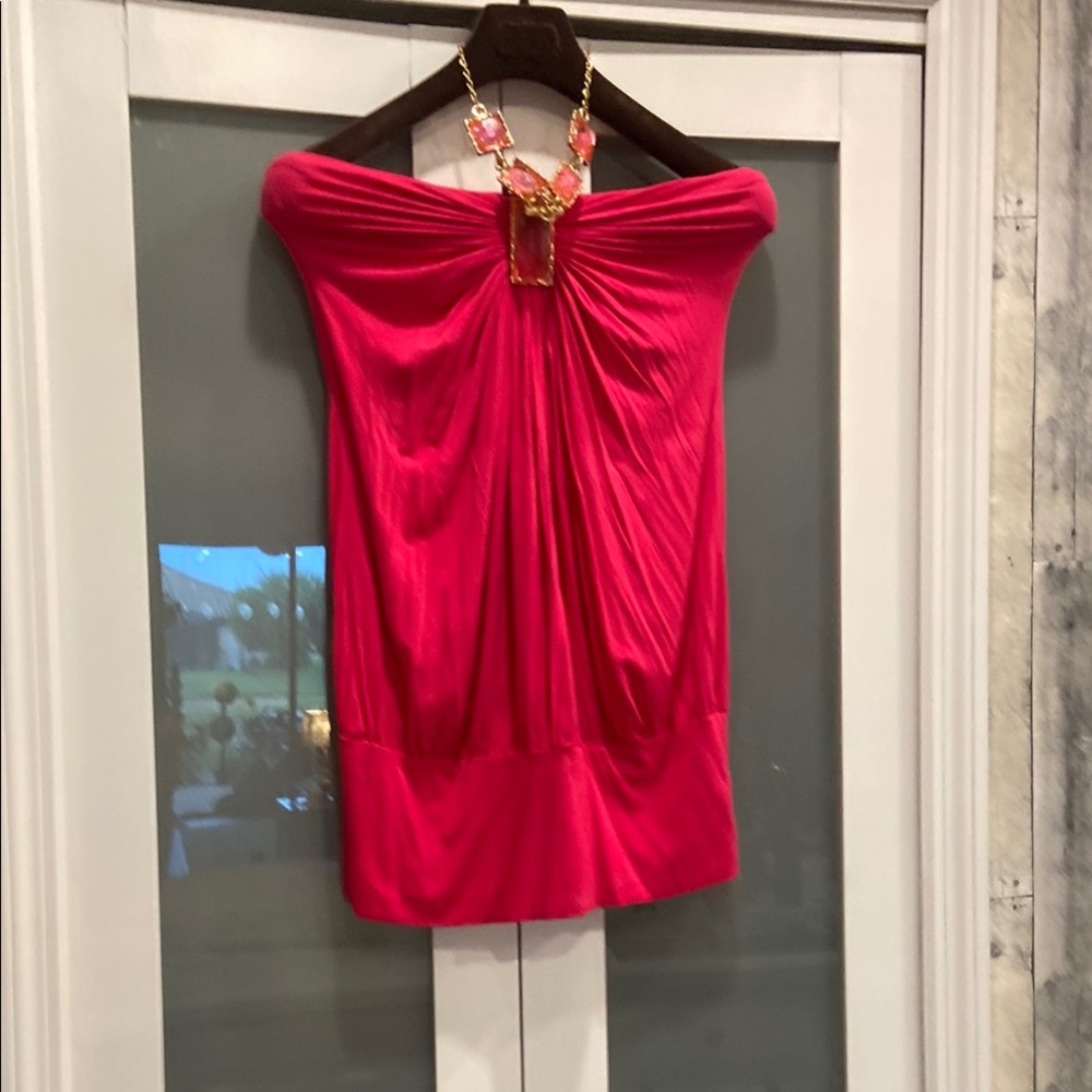 Sky Red Ruched Strapless Sleeveless Blouse